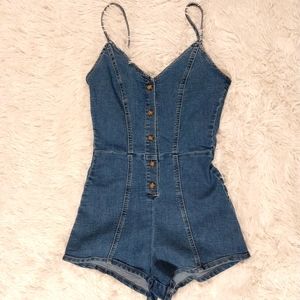 H&m size xs 0 denim stretchy romper one piec jumpsuit summer button-up cute nwot